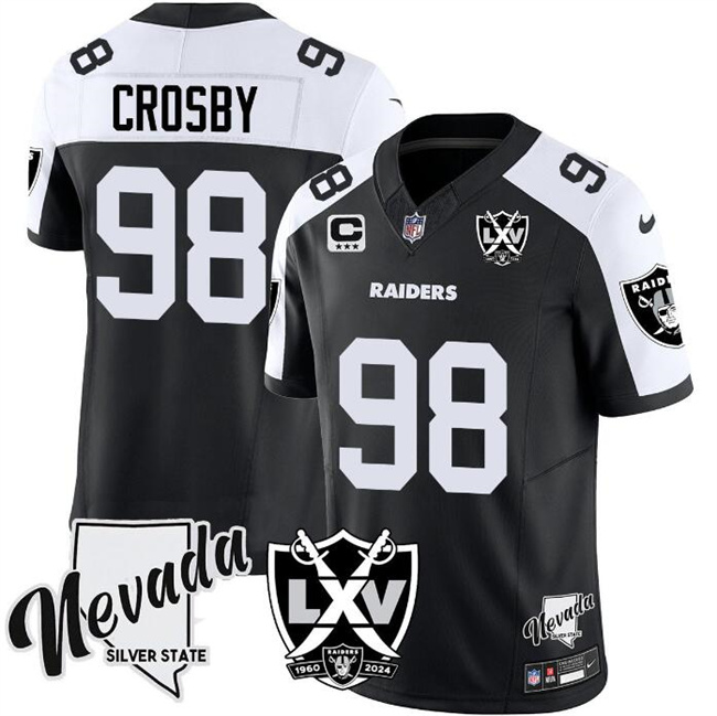 Men's Las Vegas Raiders #98 Maxx Crosby Black/White 2024 F.U.S.E With Nevada Silver Stat Patch And 65th Anniversary Patch 3-Star C Patch Stitched Football Jersey